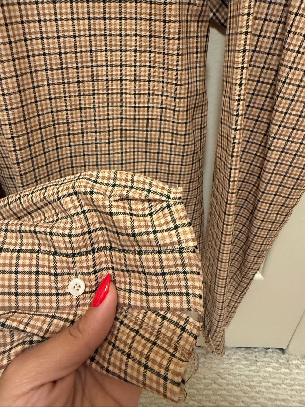 Miu Miu Tan Plaid Button-Up Shirt with Logo - Picture 4 of 6